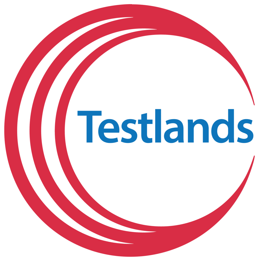 Testlands logo with red curved circular lines and blue text in a sans-serif font